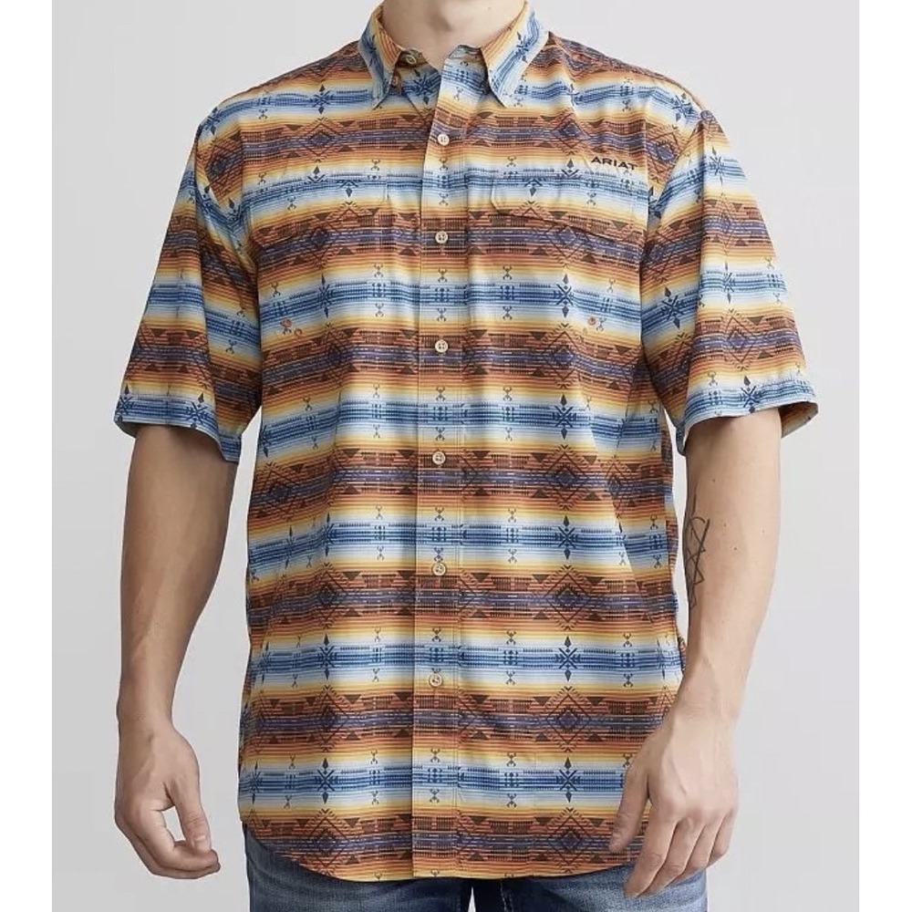 Ariat Shirt Men Sz L Blue Aztec‎ Geometric Short Sleeve Western Button Up